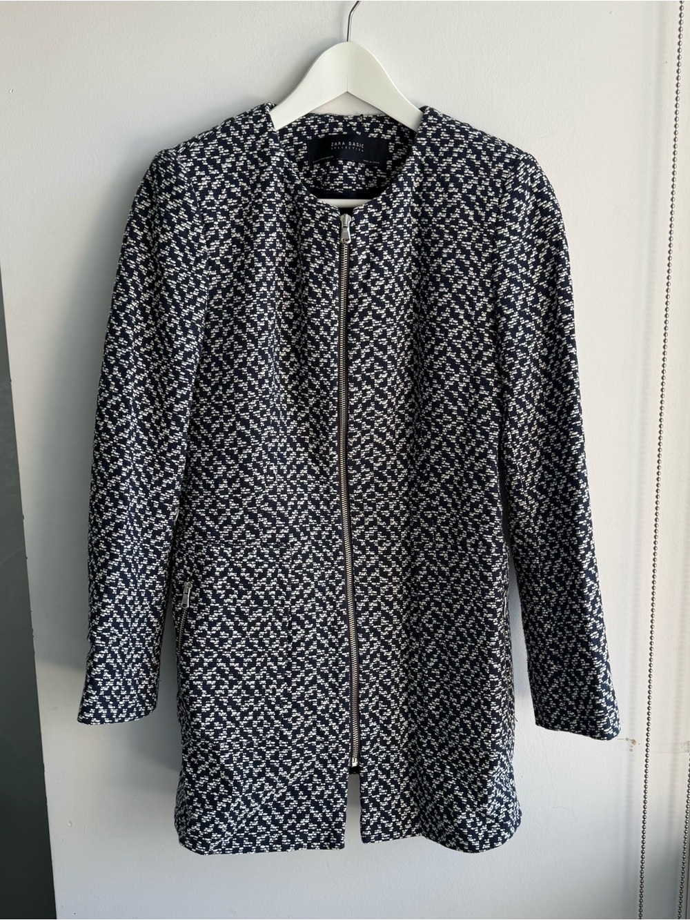 Zara Navy and White Textured Zip-Up Blazer Coat